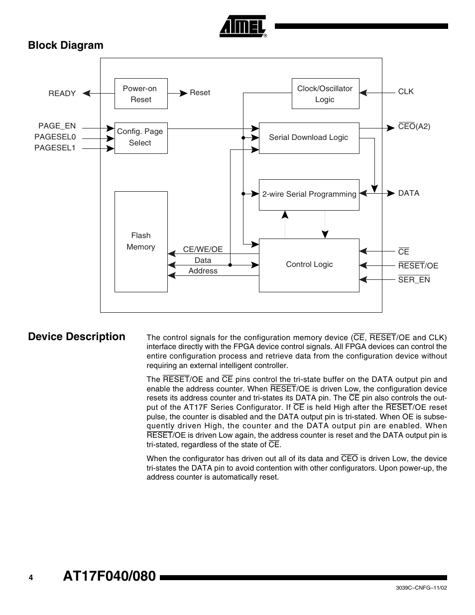 Block diagram, Device description, Block diagram device description | Rainbow Electronics AT17F080 User Manual | Page 4 / 18