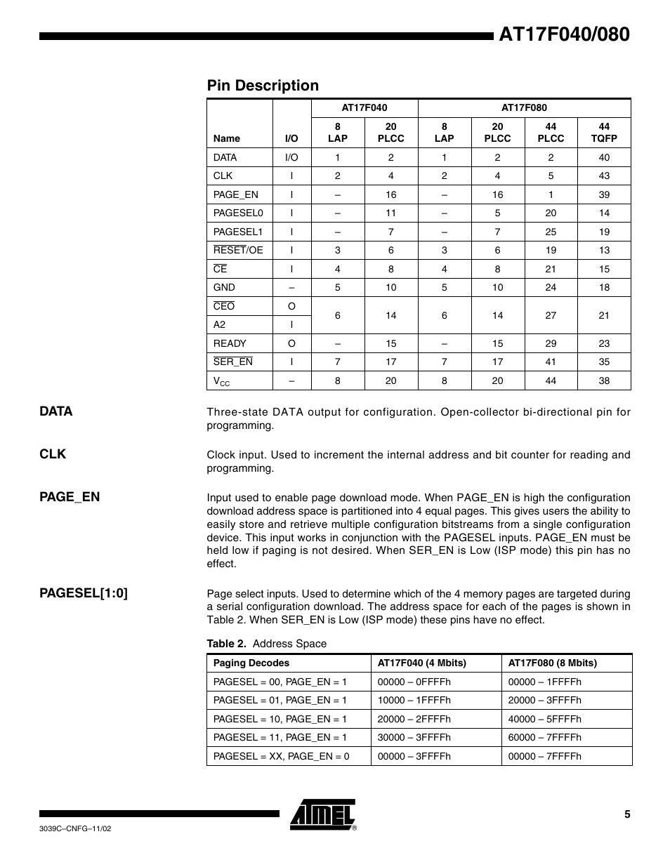 Pin description, Data, Page_en | Pagesel[1:0 | Rainbow Electronics AT17F080 User Manual | Page 5 / 18
