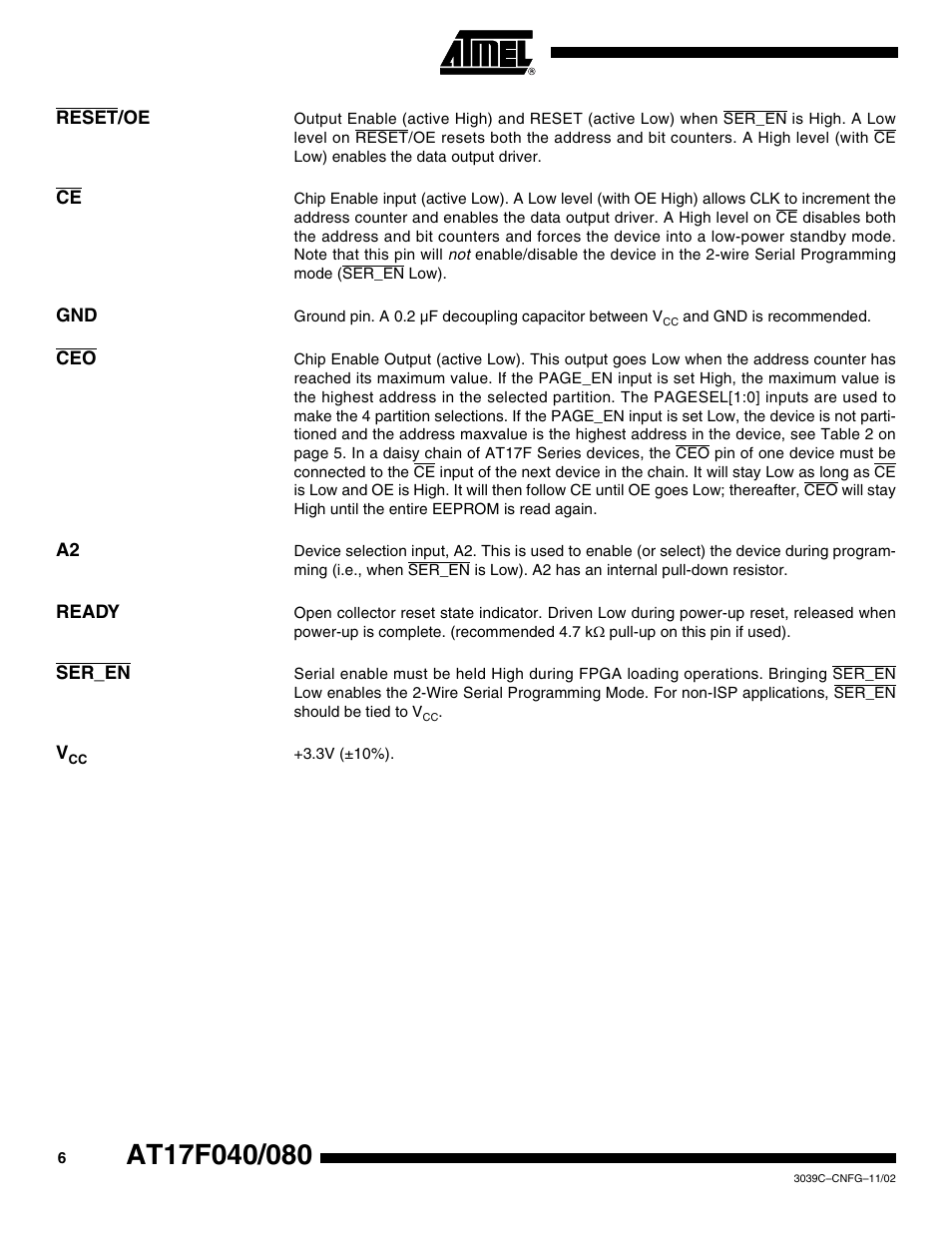 Reset/oe, Ready, Ser_en | Rainbow Electronics AT17F080 User Manual | Page 6 / 18