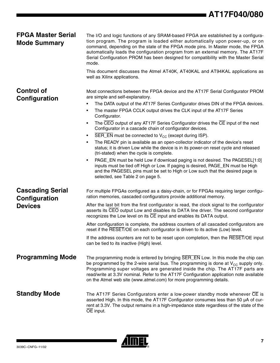 Fpga master serial mode summary, Control of configuration, Cascading serial configuration devices | Programming mode, Standby mode | Rainbow Electronics AT17F080 User Manual | Page 7 / 18