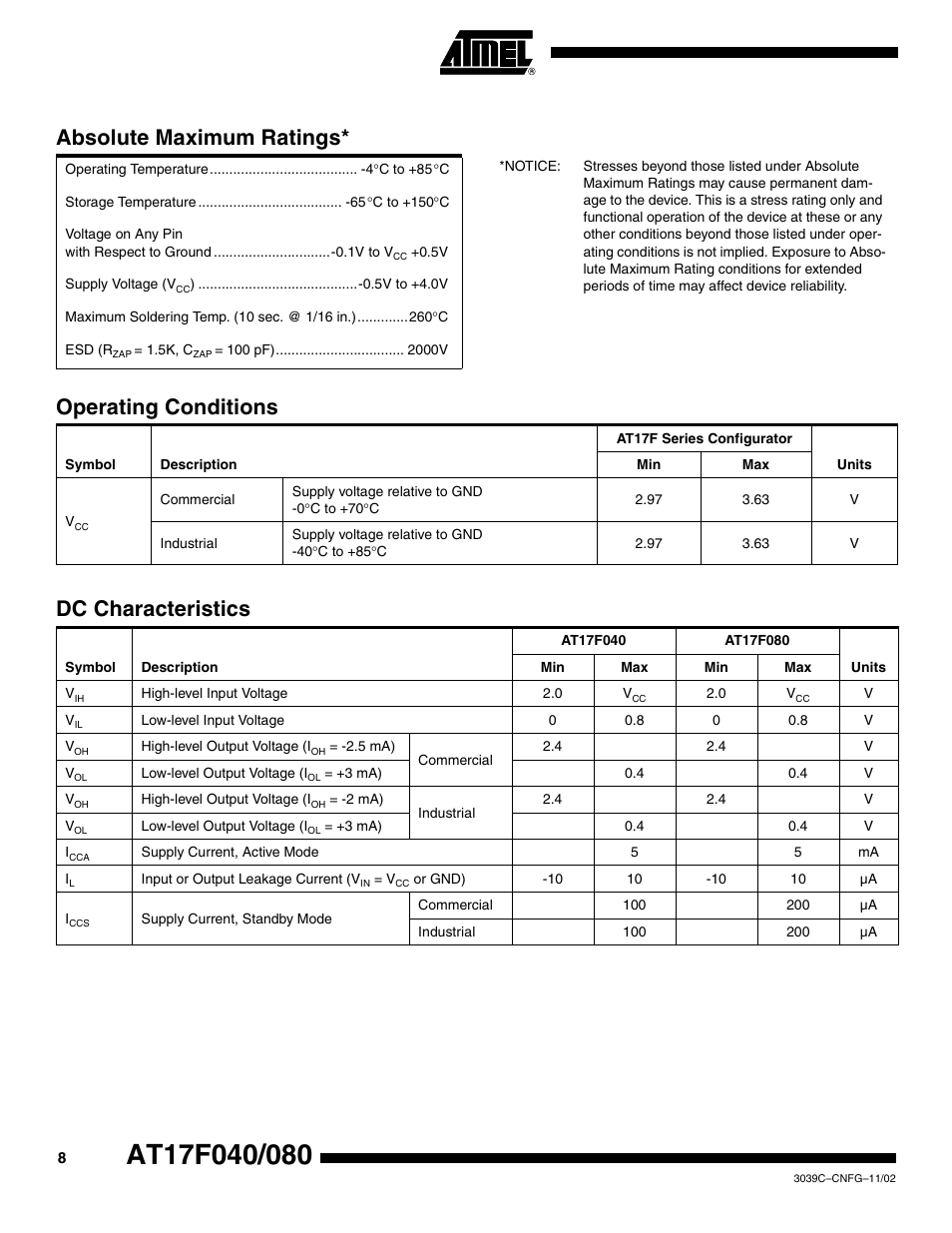 Absolute maximum ratings, Operating conditions, Dc characteristics | Rainbow Electronics AT17F080 User Manual | Page 8 / 18