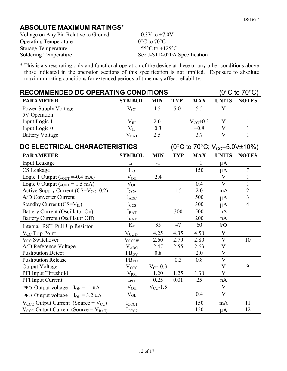 Absolute maximum ratings, Recommended dc operating conditions (0 °c to 70°c), Dc electrical characteristics (0 °c to 70°c; v | 0v ±10%) | Rainbow Electronics DS1677 User Manual | Page 12 / 17