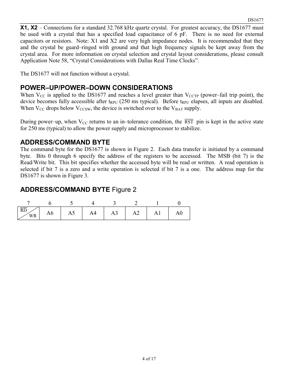 Power–up/power–down considerations, Address/command byte, Address/command byte figure 2 | Rainbow Electronics DS1677 User Manual | Page 4 / 17