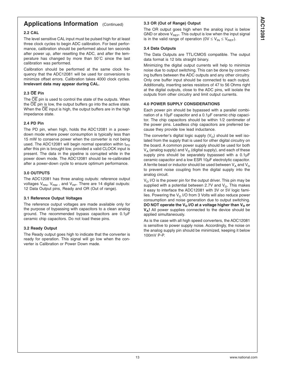 2 cal, 3 oe pin, 4 pd pin | 0 outputs, 1 reference output voltages, 2 ready output, 3 or (out of range) output, 4 data outputs, 0 power supply considerations, Applications information | Rainbow Electronics ADC12081 User Manual | Page 13 / 17