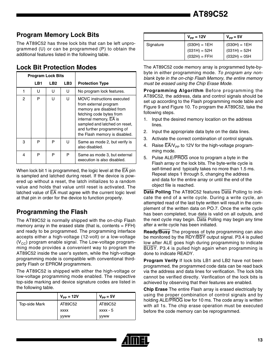 Program memory lock bits, Lock bit protection modes, Programming the flash | At89c52 | Rainbow Electronics AT89S52 User Manual | Page 13 / 24