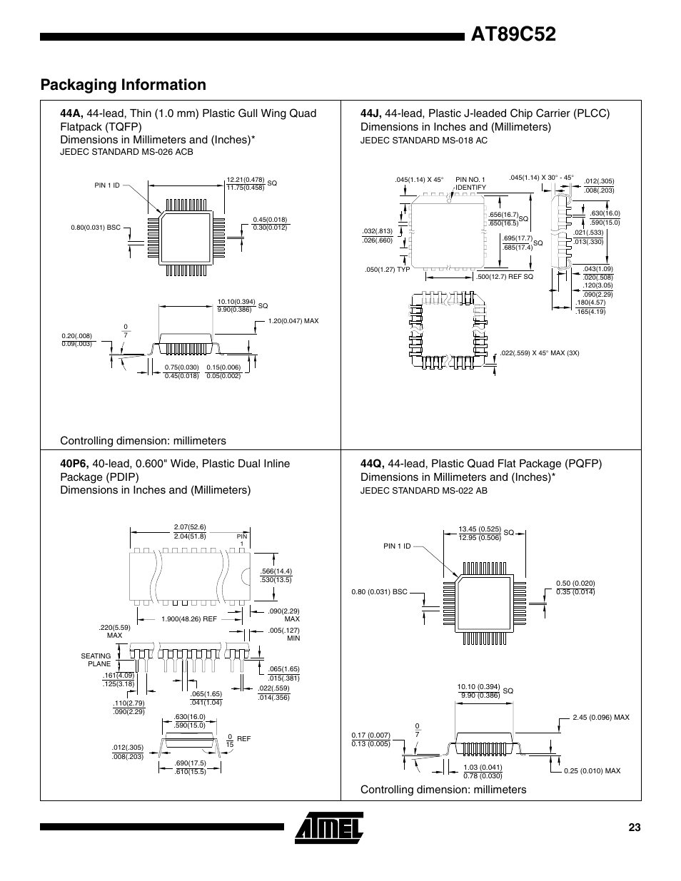 At89c52, Packaging information, Controlling dimension: millimeters | Rainbow Electronics AT89S52 User Manual | Page 23 / 24
