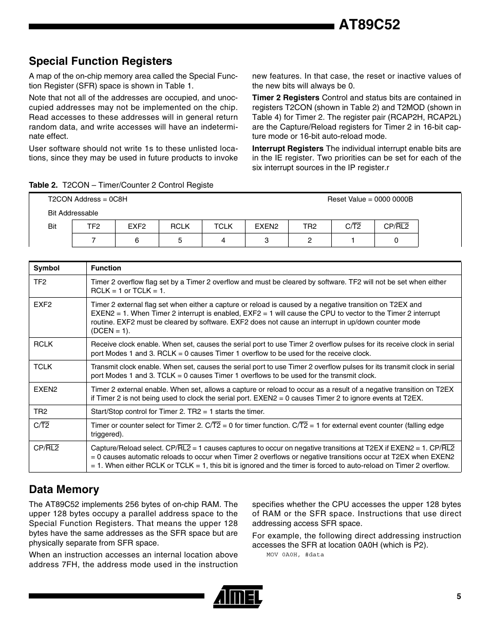 Special function registers, Data memory, At89c52 | Rainbow Electronics AT89S52 User Manual | Page 5 / 24