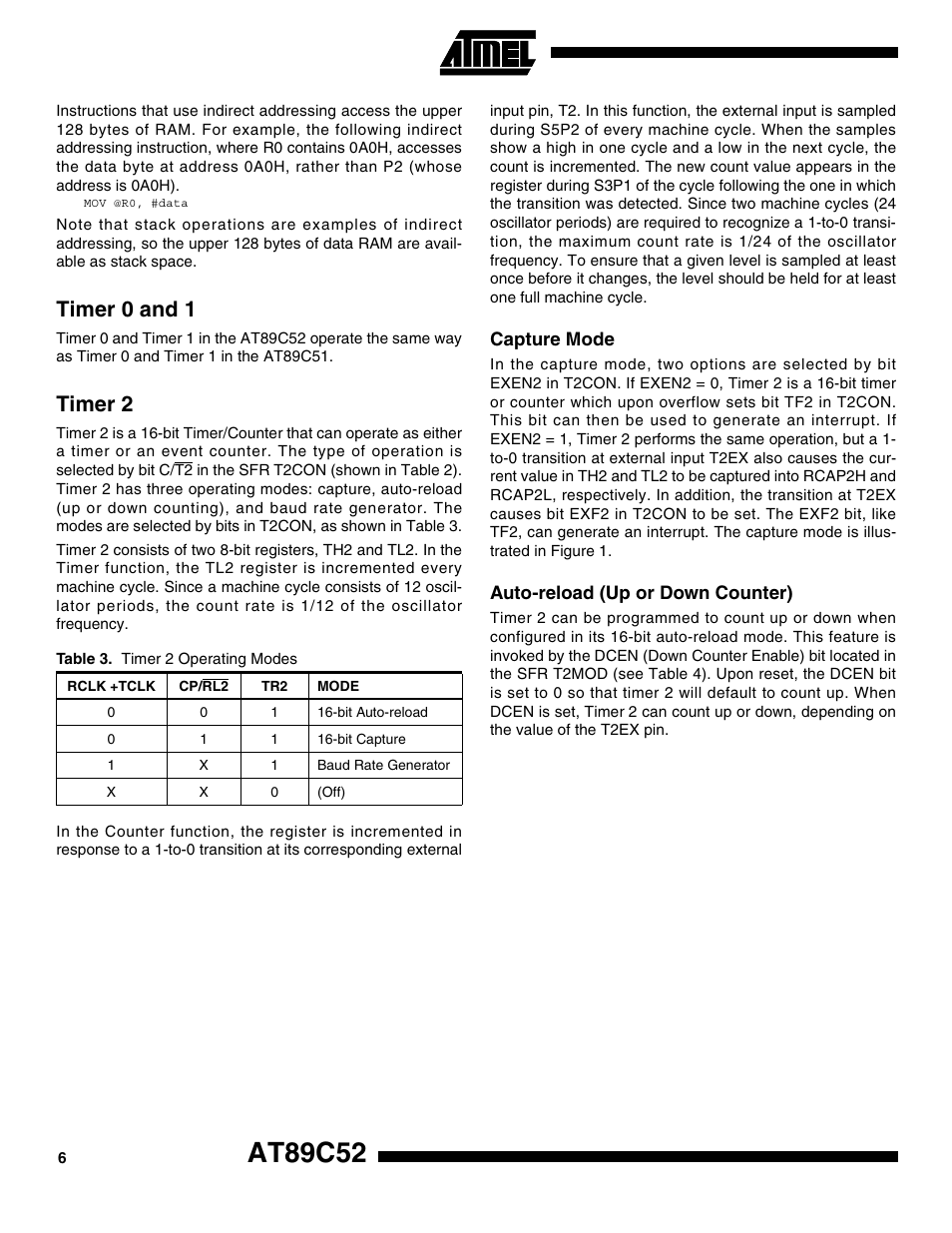 Timer 0 and 1, Timer 2, Capture mode | Auto-reload (up or down counter), At89c52 | Rainbow Electronics AT89S52 User Manual | Page 6 / 24