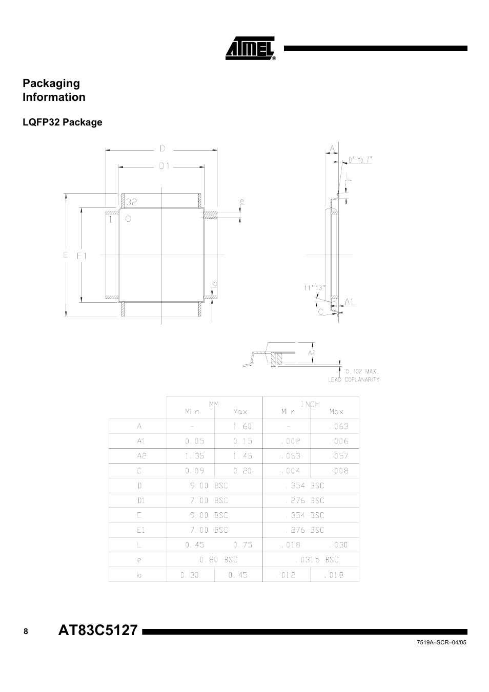 Packaging information, Lqfp32 package | Rainbow Electronics AT83C5127 User Manual | Page 7 / 9