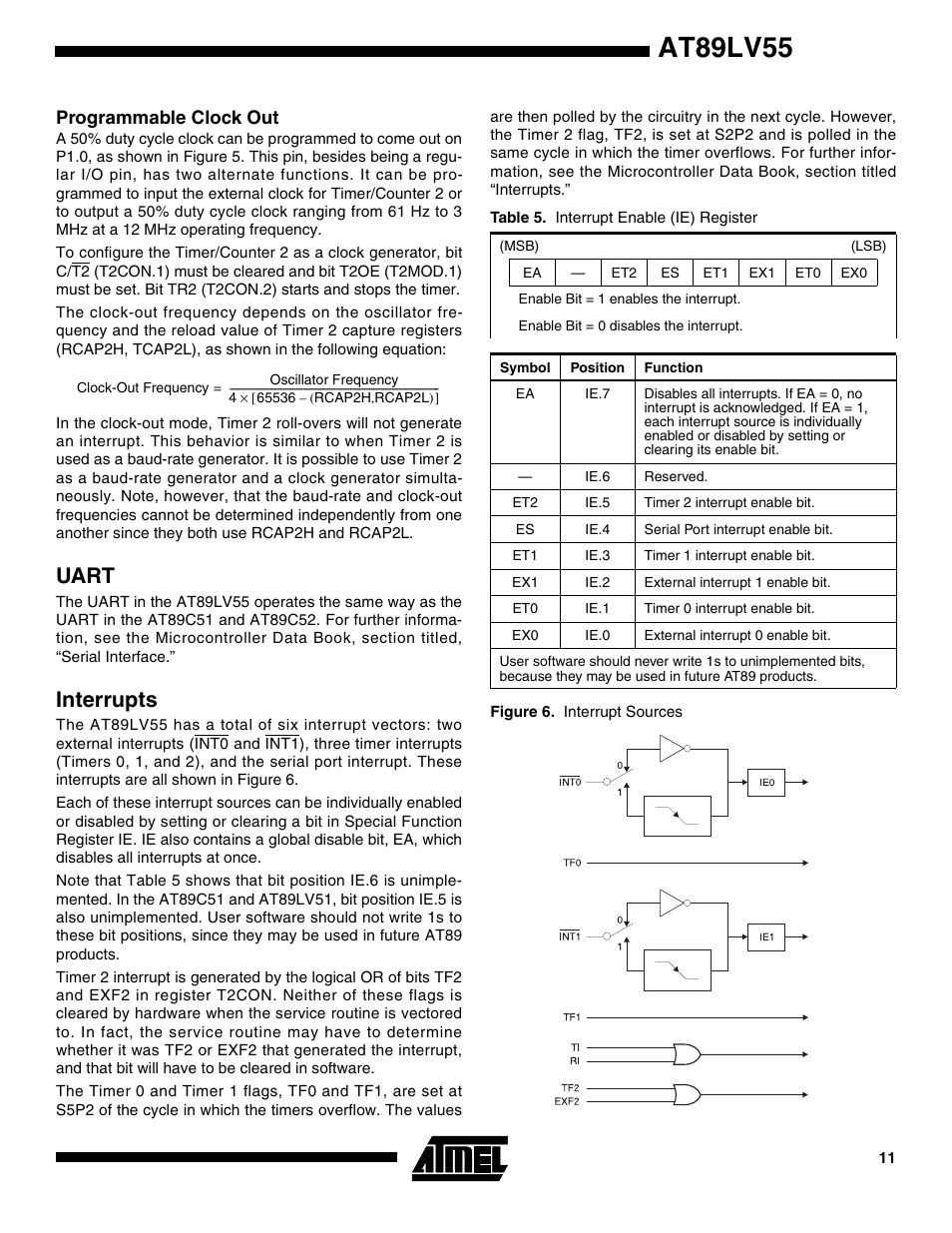 Programmable clock out, Uart, Interrupts | At89lv55 | Rainbow Electronics AT89LV55 User Manual | Page 11 / 24