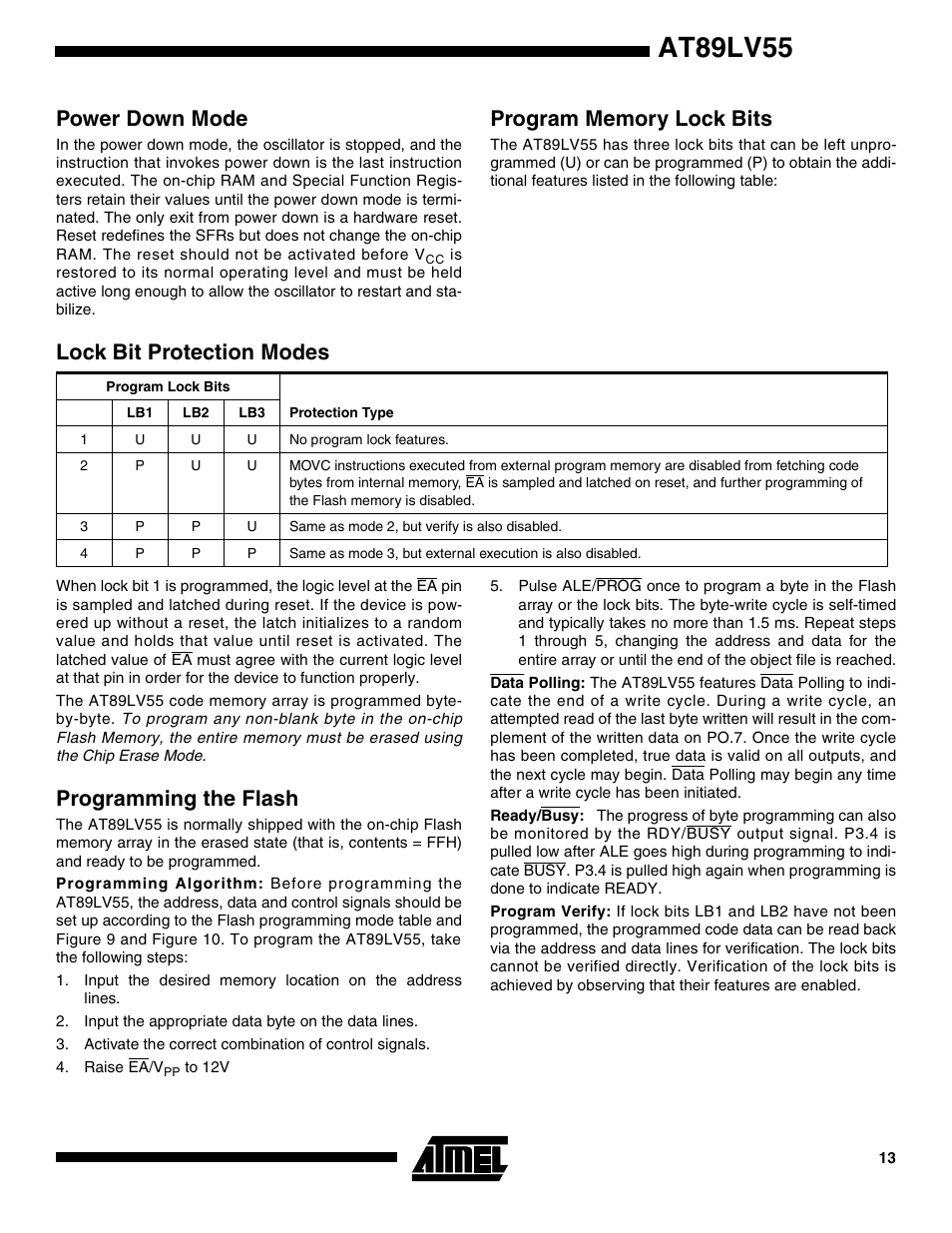 Power down mode, Program memory lock bits, Lock bit protection modes | Programming the flash, At89lv55 | Rainbow Electronics AT89LV55 User Manual | Page 13 / 24