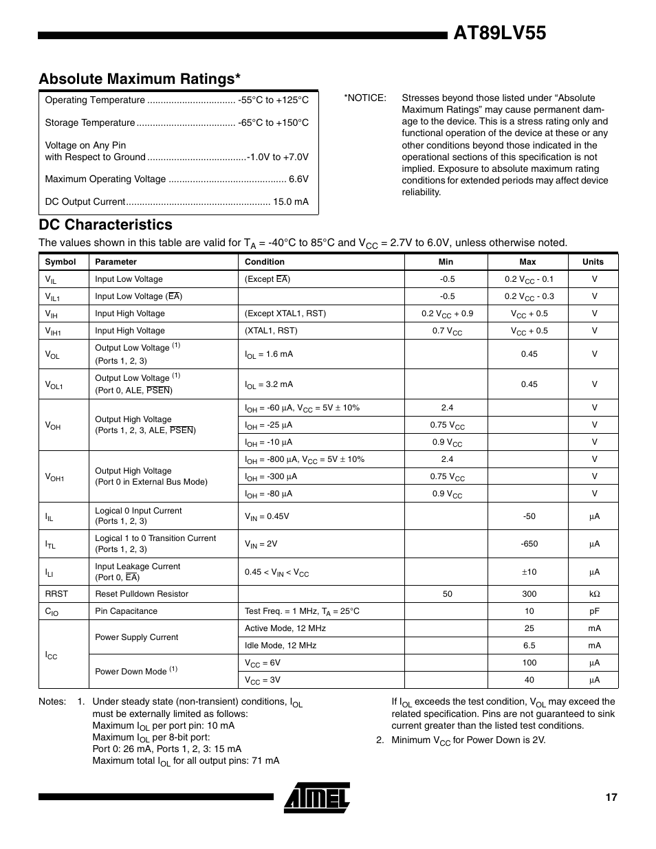 Dc characteristics, At89lv55, Absolute maximum ratings* dc characteristics | Rainbow Electronics AT89LV55 User Manual | Page 17 / 24