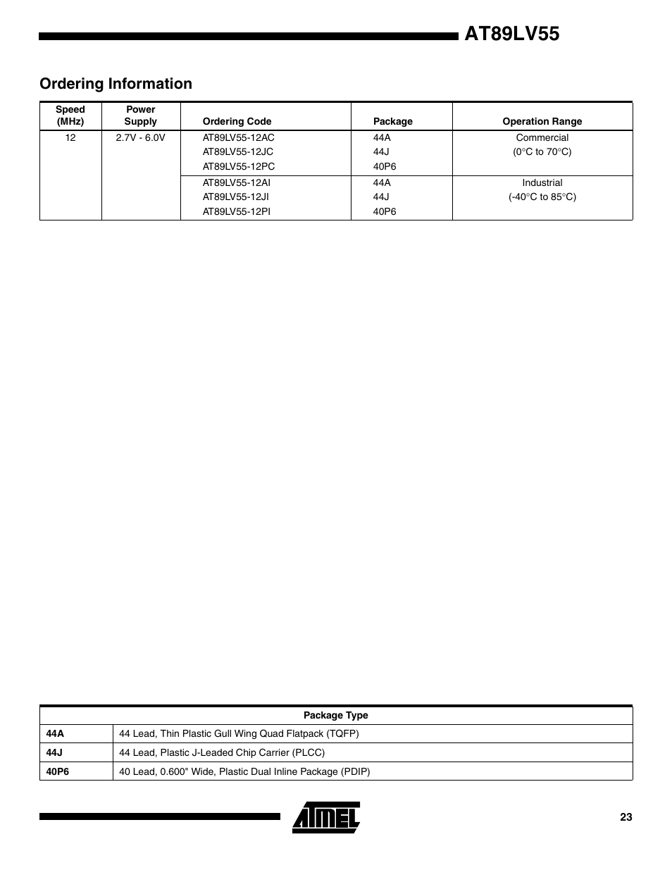 Ordering information, At89lv55 | Rainbow Electronics AT89LV55 User Manual | Page 23 / 24