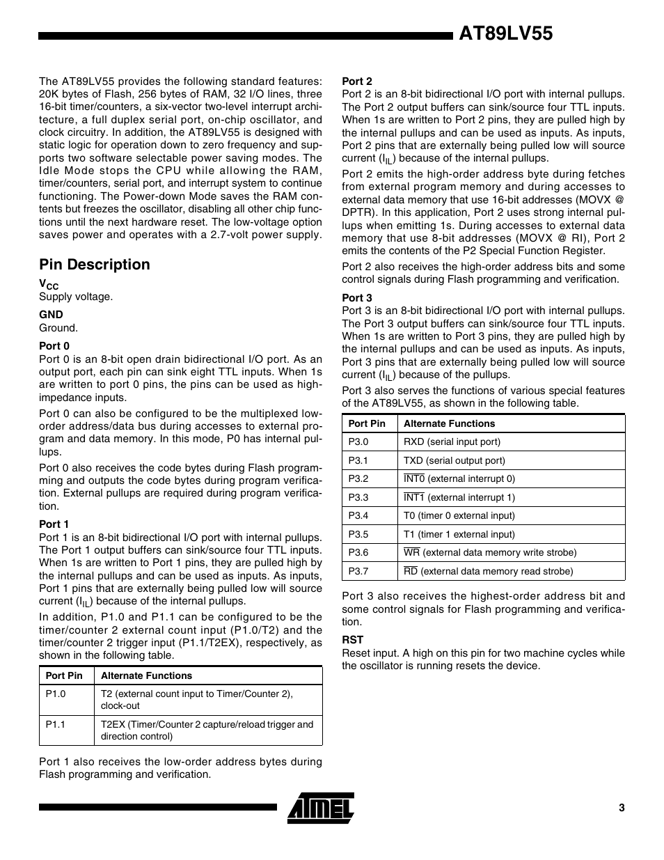 Pin description, Port 0, Port 1 | Port 2, Port 3, At89lv55 | Rainbow Electronics AT89LV55 User Manual | Page 3 / 24