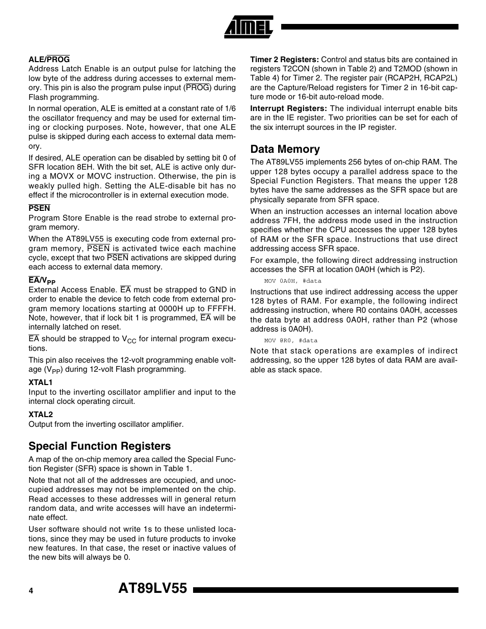 Ale/prog, Psen, Ea/vpp | Xtal1, Xtal2, Special function registers, Data memory, At89lv55 | Rainbow Electronics AT89LV55 User Manual | Page 4 / 24