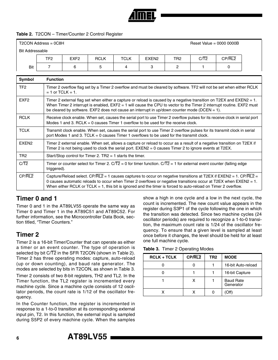 Timer 0 and 1, Timer 2, At89lv55 | Rainbow Electronics AT89LV55 User Manual | Page 6 / 24