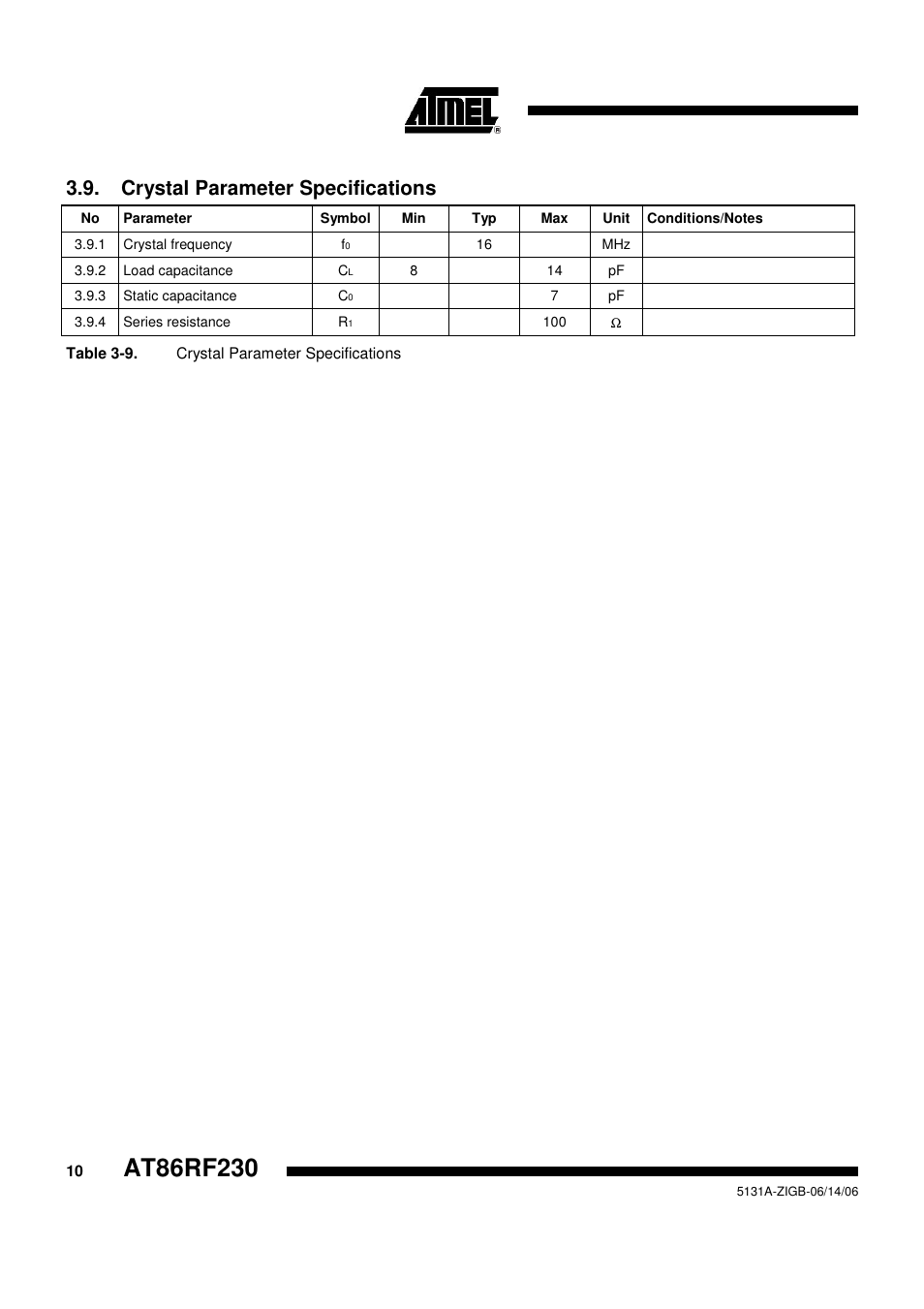 Crystal parameter specifications | Rainbow Electronics AT86RF230 User Manual | Page 10 / 50
