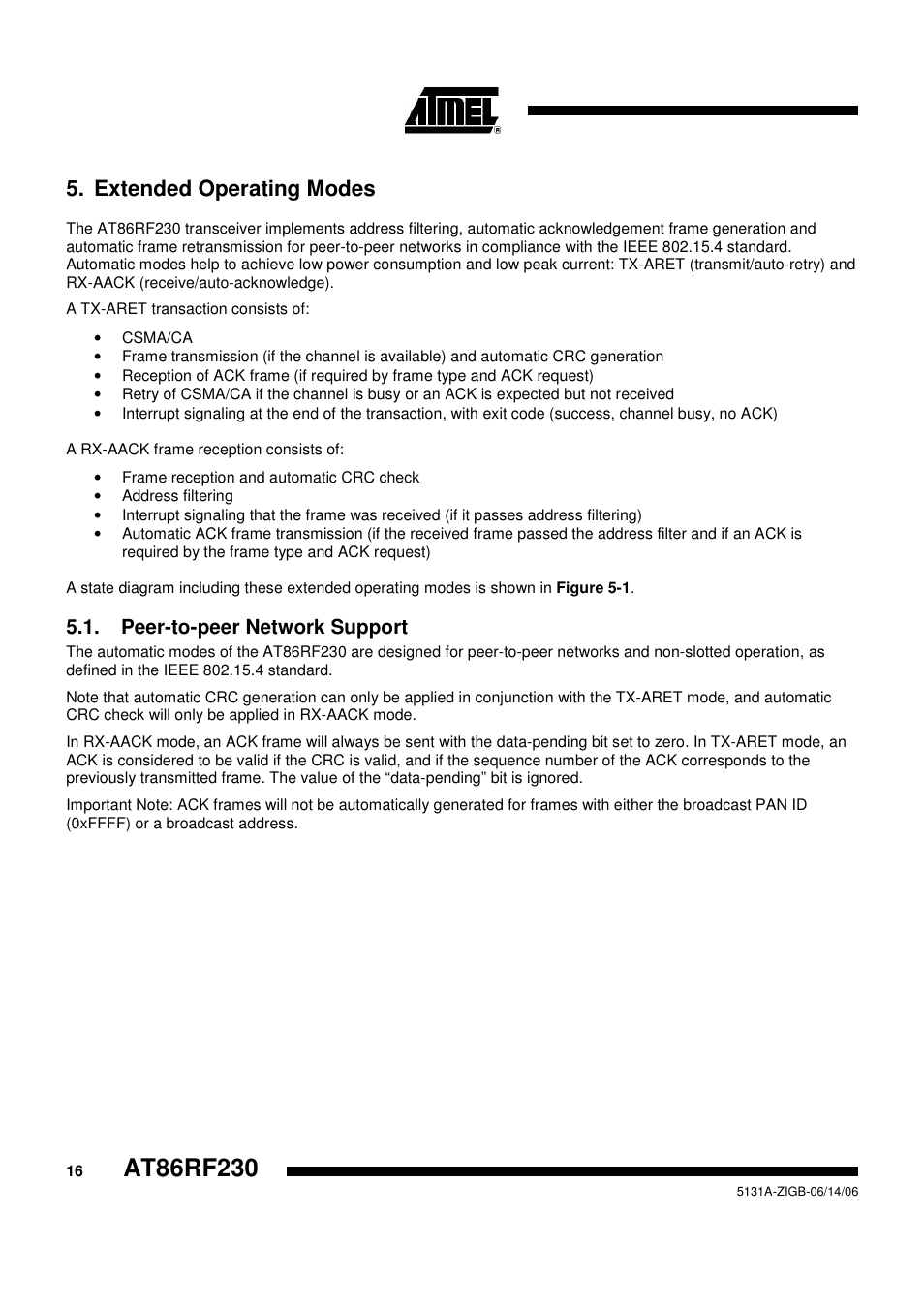 Extended operating modes, Peer-to-peer network support | Rainbow Electronics AT86RF230 User Manual | Page 16 / 50
