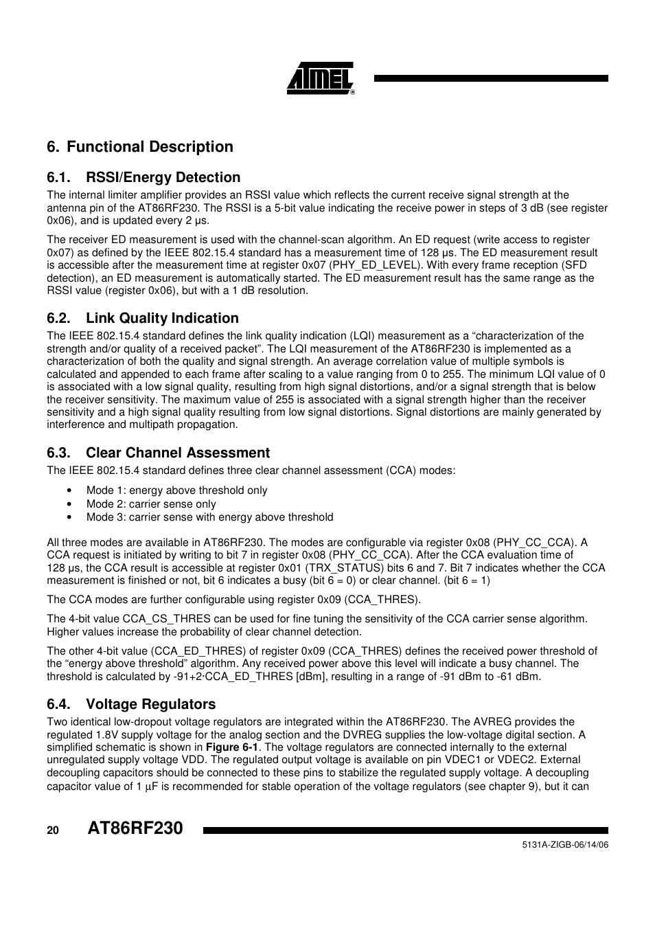 Functional description, Rssi/energy detection, Link quality indication | Clear channel assessment, Voltage regulators | Rainbow Electronics AT86RF230 User Manual | Page 20 / 50