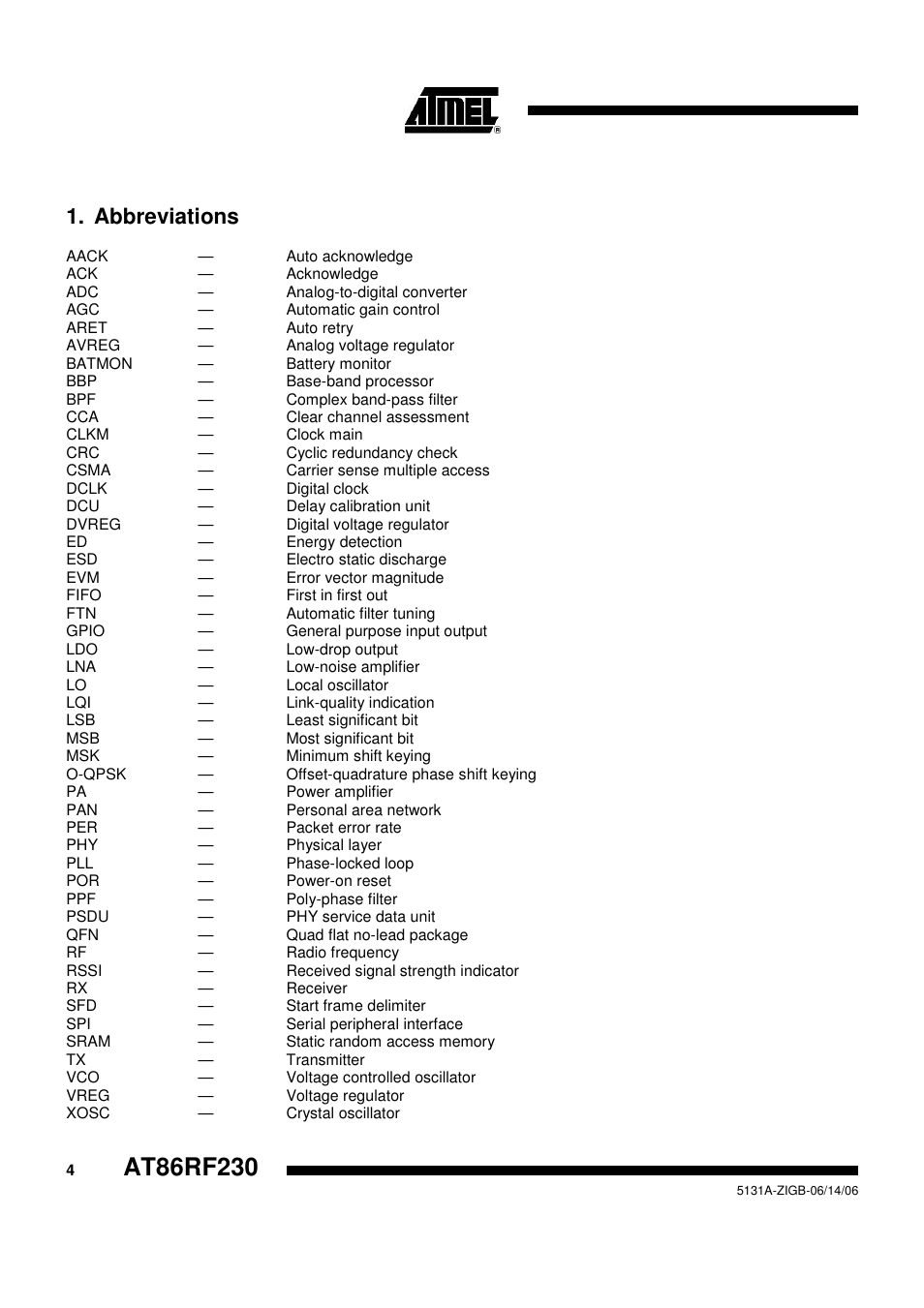Abbreviations | Rainbow Electronics AT86RF230 User Manual | Page 4 / 50