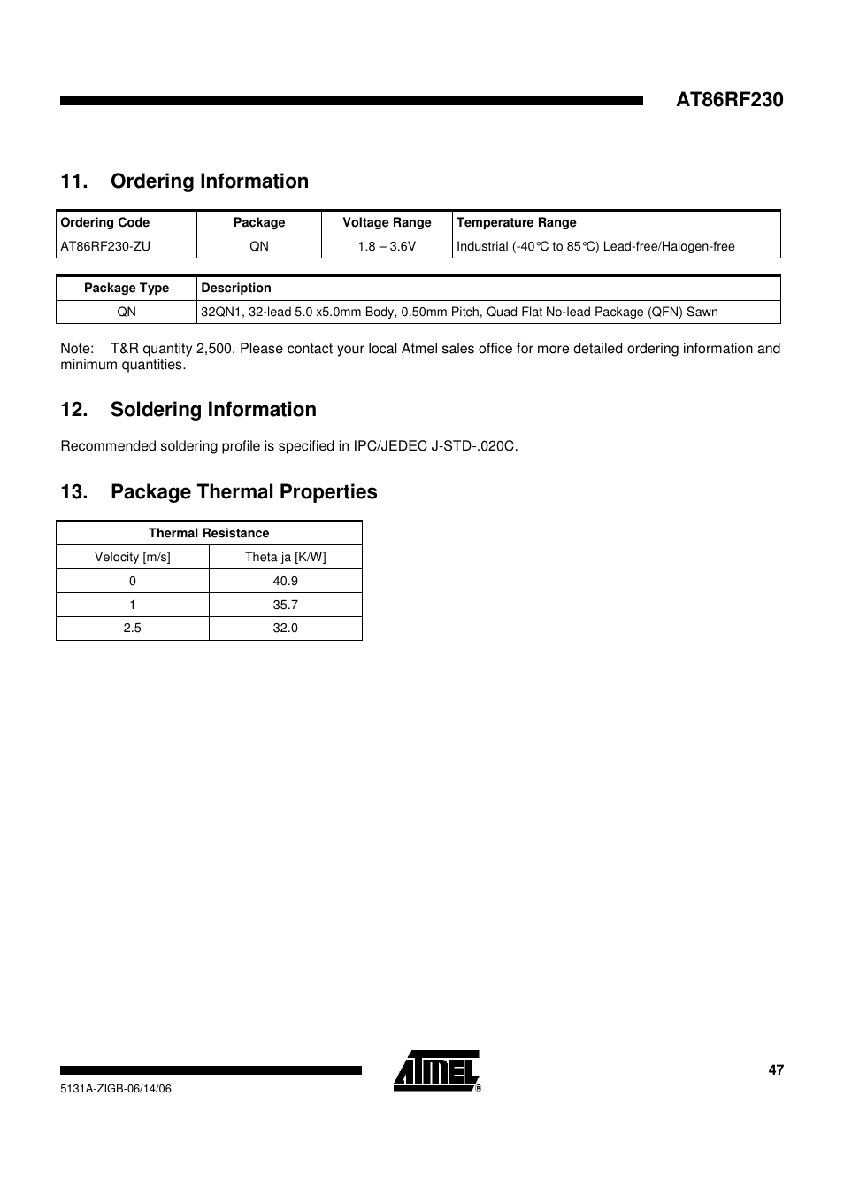 Ordering information, Soldering information, Package thermal properties | Rainbow Electronics AT86RF230 User Manual | Page 47 / 50