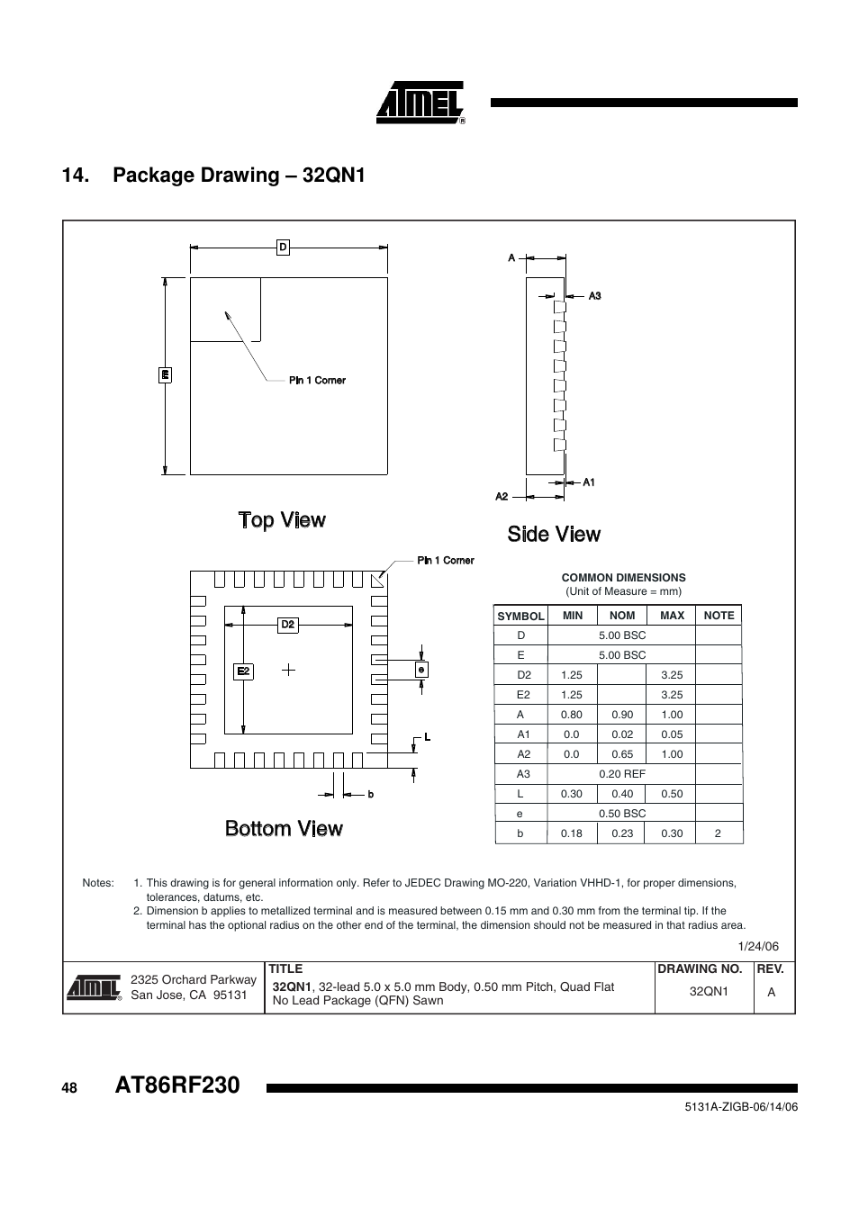 Side view bottom view top view, Package drawing – 32qn1 | Rainbow Electronics AT86RF230 User Manual | Page 48 / 50