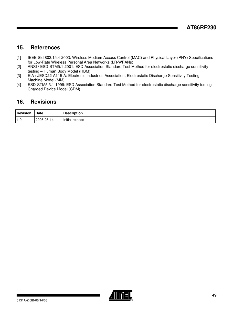 References, Revisions | Rainbow Electronics AT86RF230 User Manual | Page 49 / 50