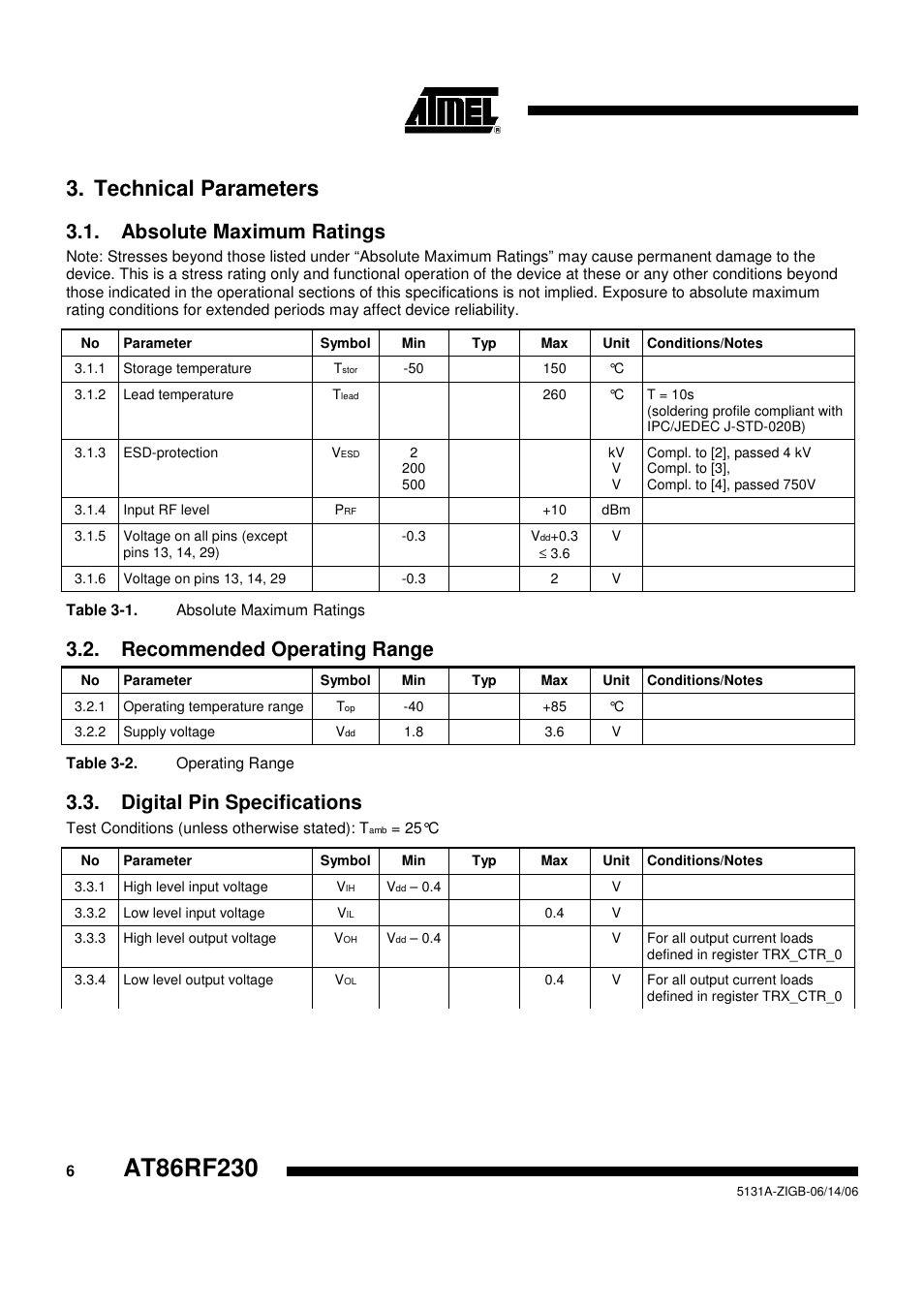Technical parameters, Absolute maximum ratings, Recommended operating range | Digital pin specifications | Rainbow Electronics AT86RF230 User Manual | Page 6 / 50