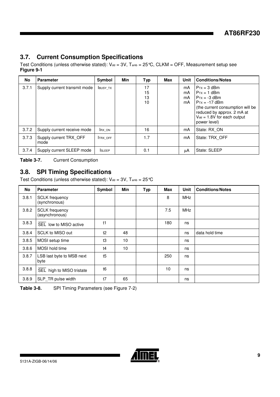 Current consumption specifications, Spi timing specifications | Rainbow Electronics AT86RF230 User Manual | Page 9 / 50