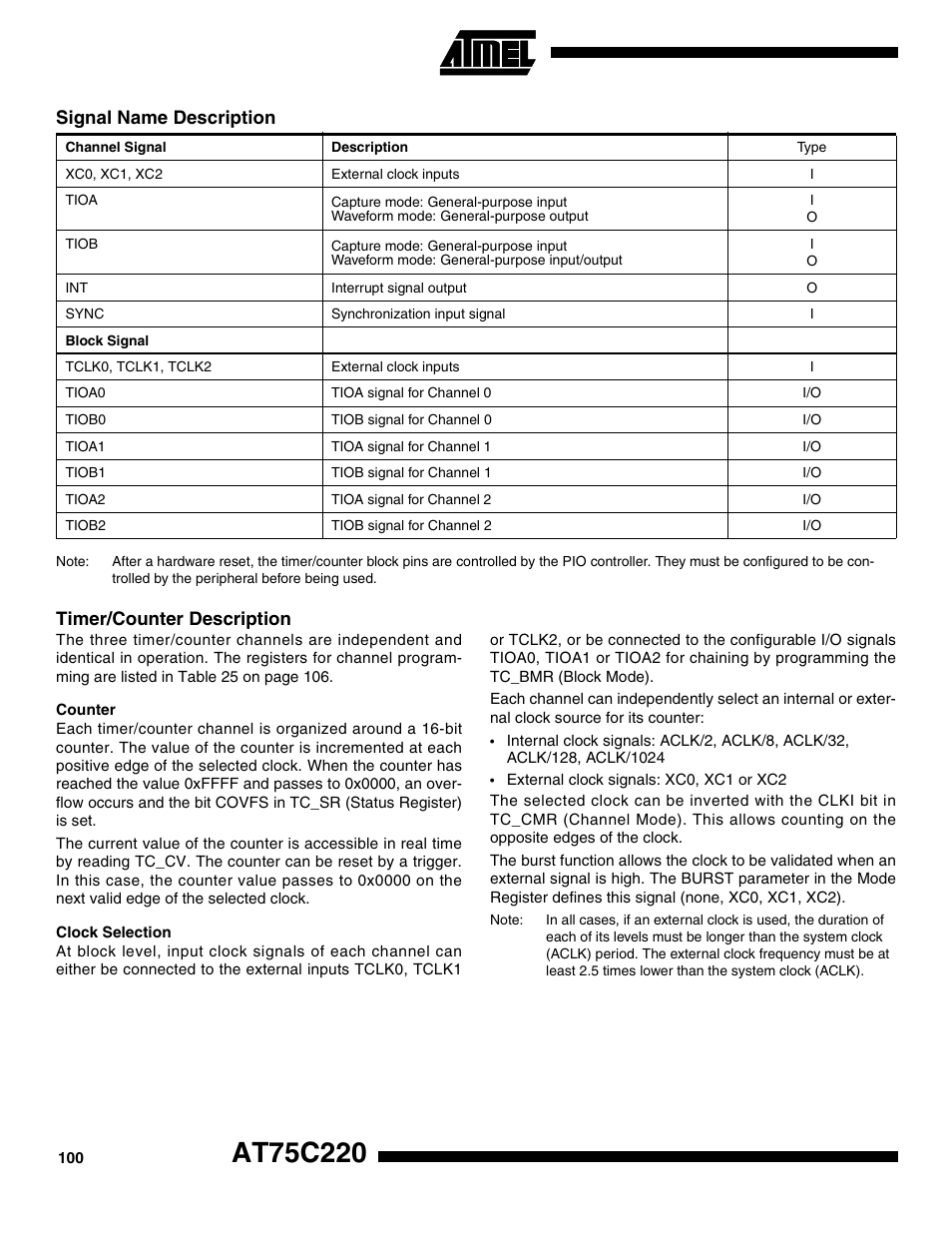 Signal name description, Timer/counter description, Counter | Clock selection | Rainbow Electronics AT75C220 User Manual | Page 100 / 144