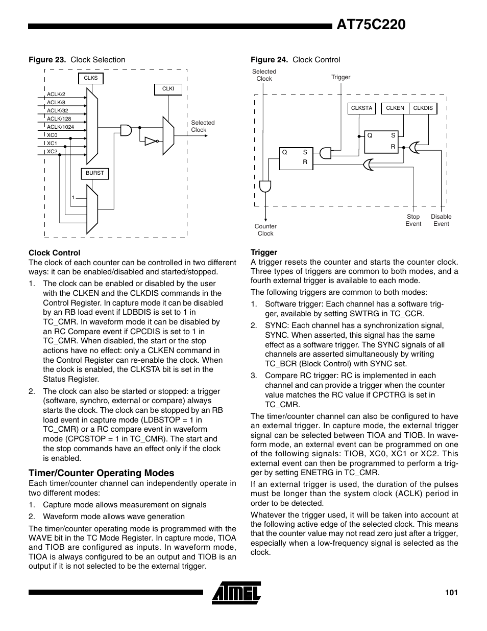 Clock control, Timer/counter operating modes, Trigger | Rainbow Electronics AT75C220 User Manual | Page 101 / 144