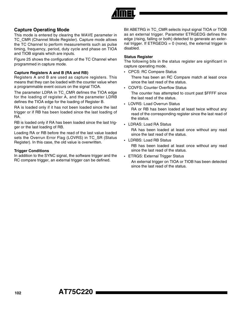 Capture operating mode, Capture registers a and b (ra and rb), Trigger conditions | Status register | Rainbow Electronics AT75C220 User Manual | Page 102 / 144