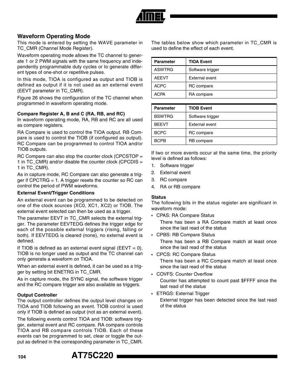 Waveform operating mode, Compare register a, b and c (ra, rb, and rc), Output controller | Status | Rainbow Electronics AT75C220 User Manual | Page 104 / 144