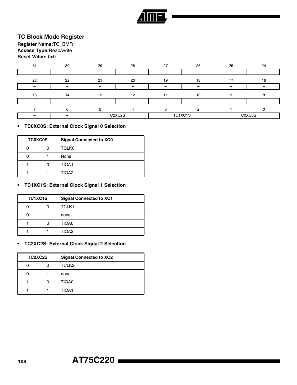 Tc block mode register | Rainbow Electronics AT75C220 User Manual | Page 108 / 144