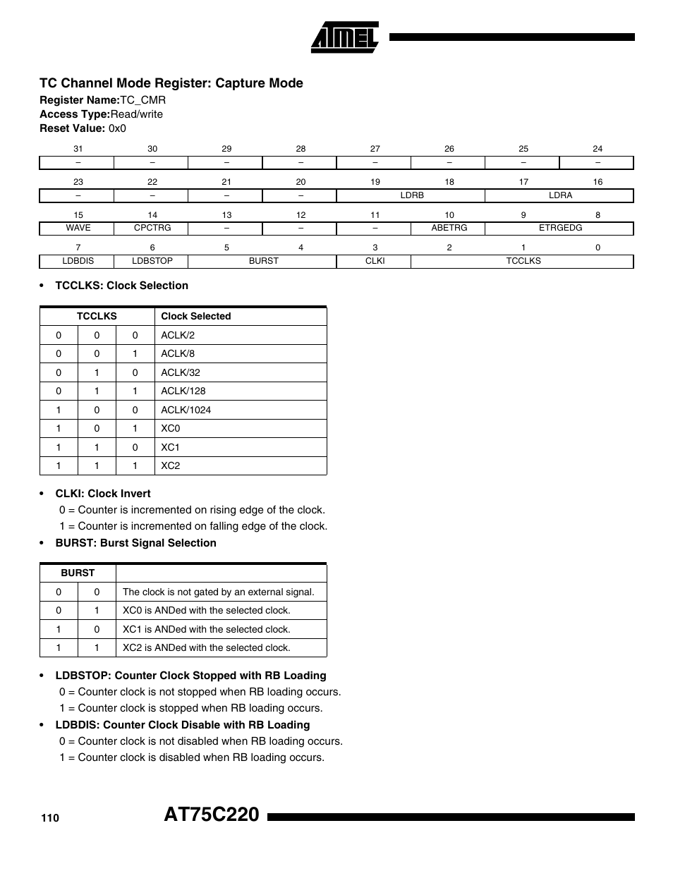 Tc channel mode register: capture mode | Rainbow Electronics AT75C220 User Manual | Page 110 / 144