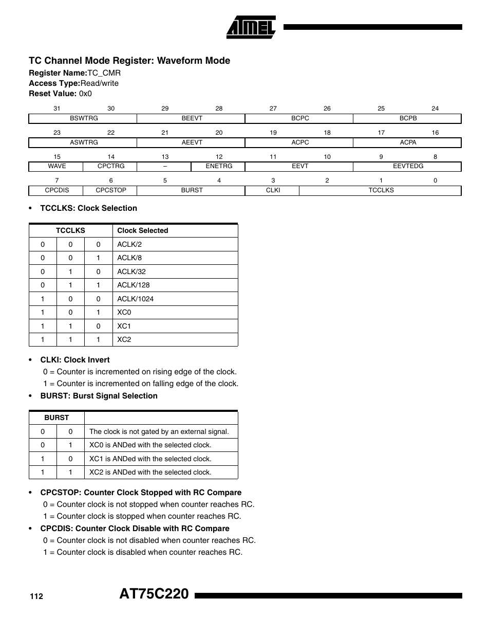 Tc channel mode register: waveform mode | Rainbow Electronics AT75C220 User Manual | Page 112 / 144