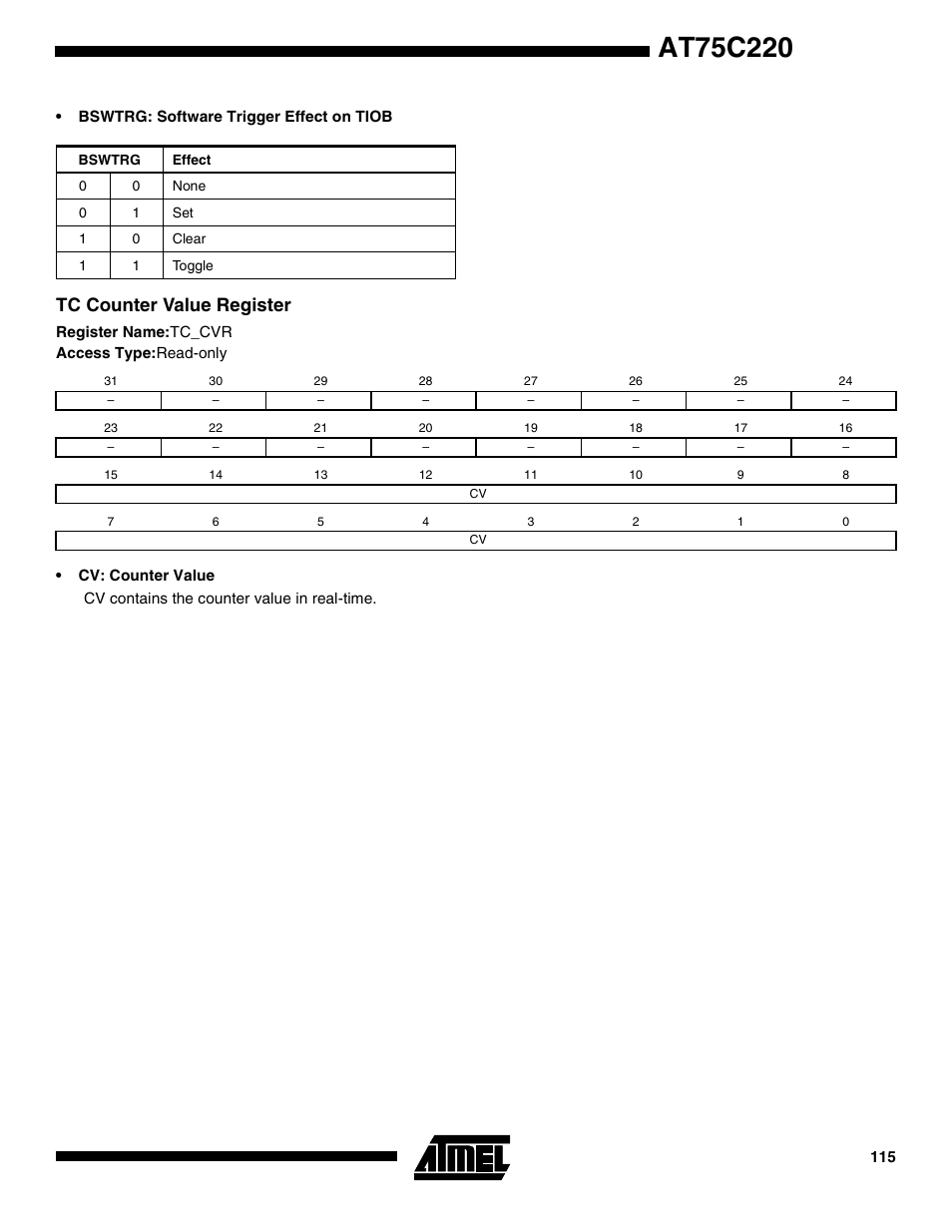 Tc counter value register | Rainbow Electronics AT75C220 User Manual | Page 115 / 144