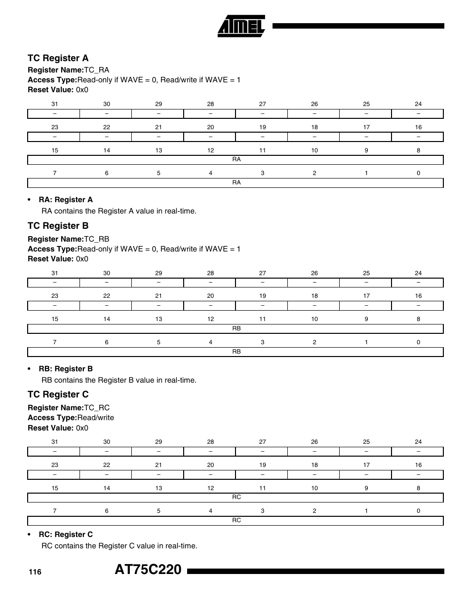 Tc register a, Tc register b, Tc register c | Rainbow Electronics AT75C220 User Manual | Page 116 / 144