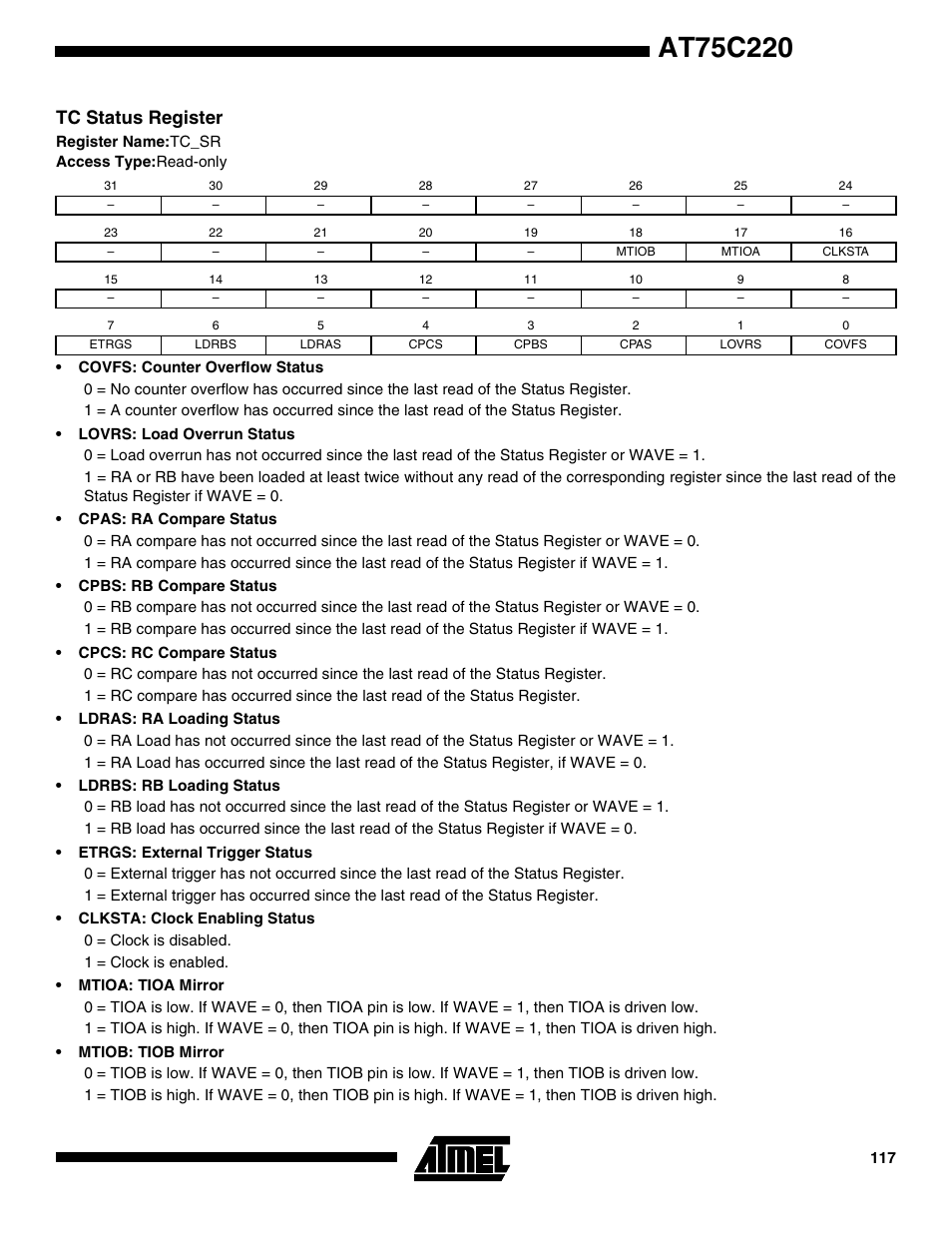 Tc status register | Rainbow Electronics AT75C220 User Manual | Page 117 / 144