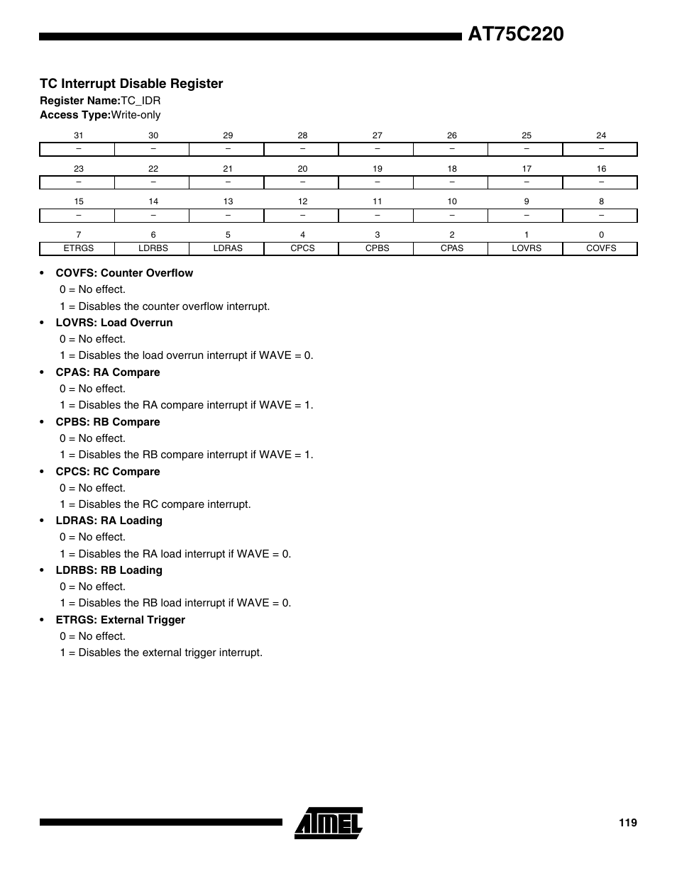 Tc interrupt disable register | Rainbow Electronics AT75C220 User Manual | Page 119 / 144