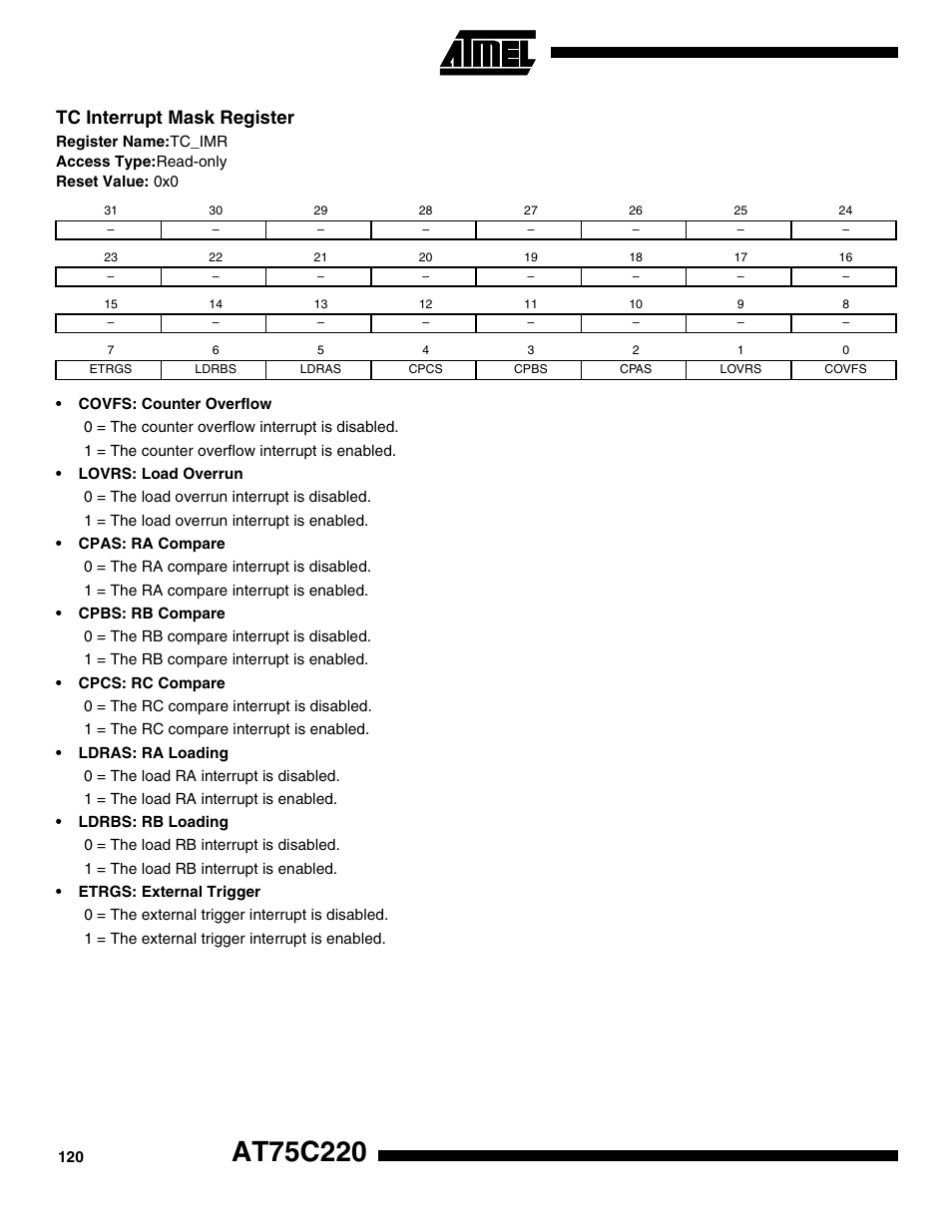 Tc interrupt mask register | Rainbow Electronics AT75C220 User Manual | Page 120 / 144