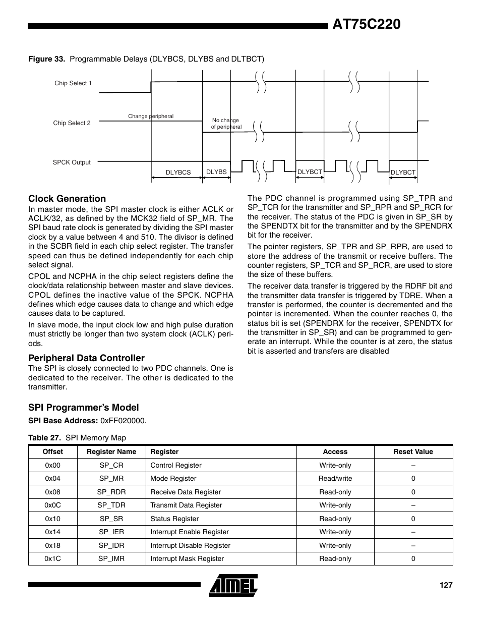 Clock generation, Peripheral data controller, Spi programmer’s model | Ee table 27 | Rainbow Electronics AT75C220 User Manual | Page 127 / 144