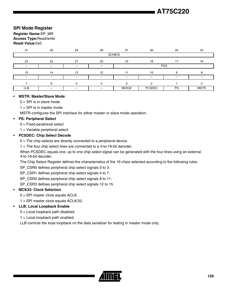 Spi mode register | Rainbow Electronics AT75C220 User Manual | Page 129 / 144