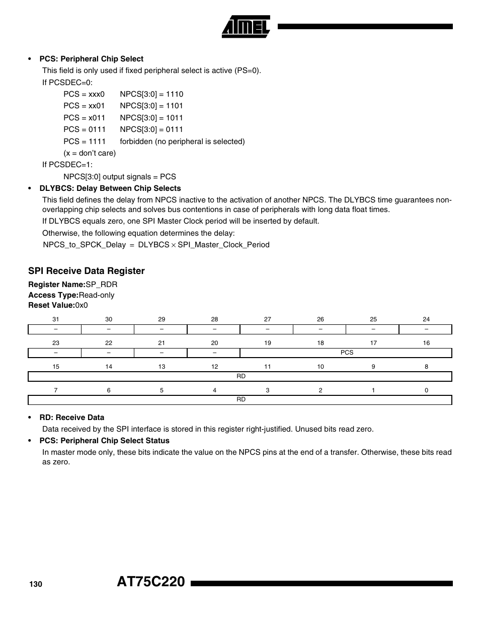 Spi receive data register | Rainbow Electronics AT75C220 User Manual | Page 130 / 144