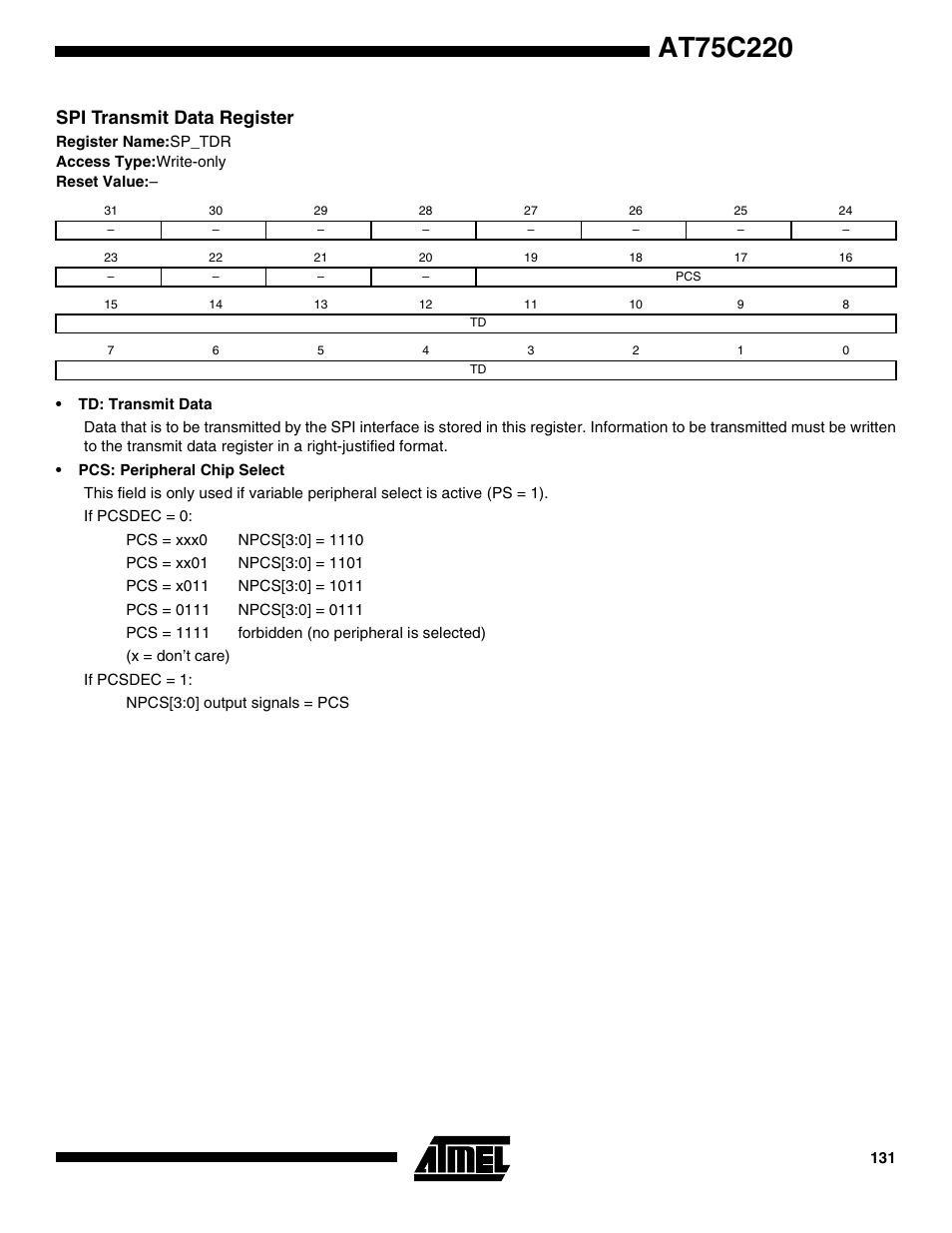 Spi transmit data register | Rainbow Electronics AT75C220 User Manual | Page 131 / 144