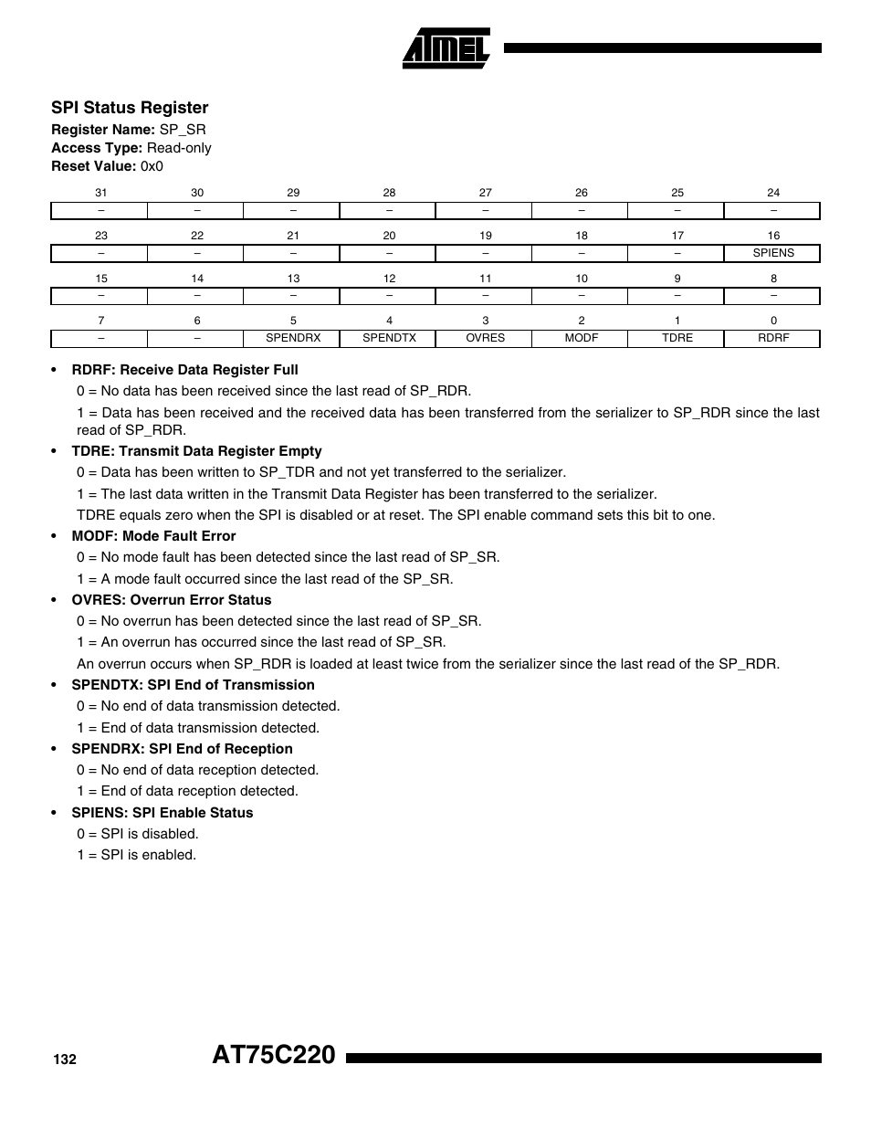 Spi status register | Rainbow Electronics AT75C220 User Manual | Page 132 / 144