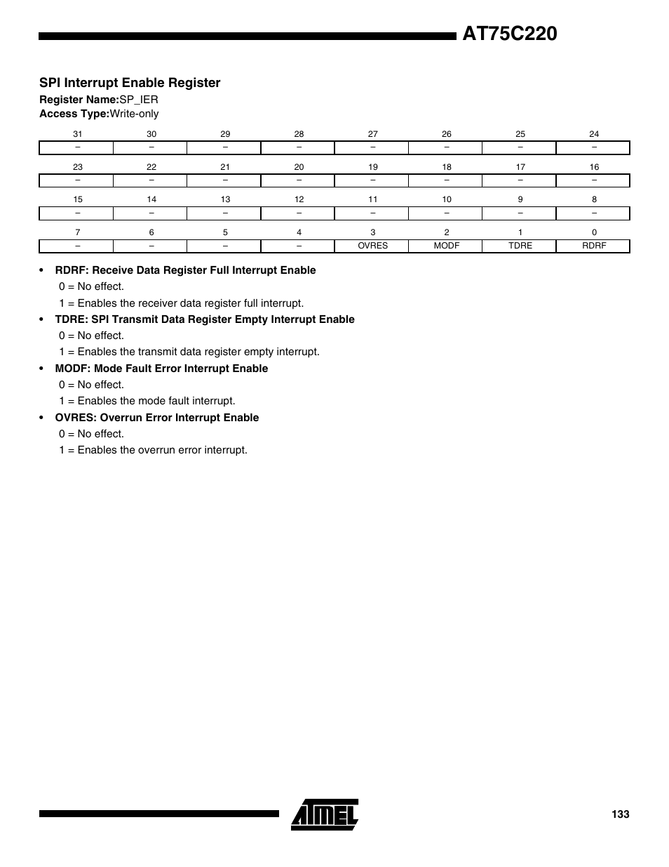 Spi interrupt enable register | Rainbow Electronics AT75C220 User Manual | Page 133 / 144