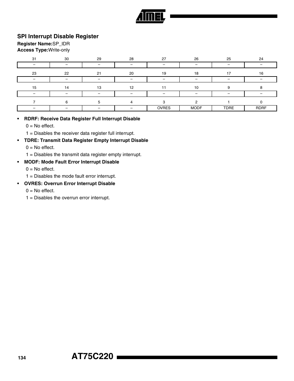 Spi interrupt disable register | Rainbow Electronics AT75C220 User Manual | Page 134 / 144