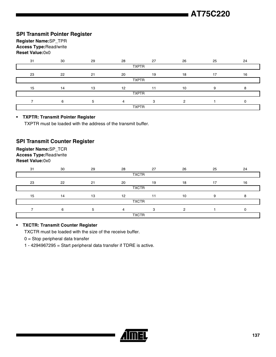 Spi transmit pointer register, Spi transmit counter register | Rainbow Electronics AT75C220 User Manual | Page 137 / 144