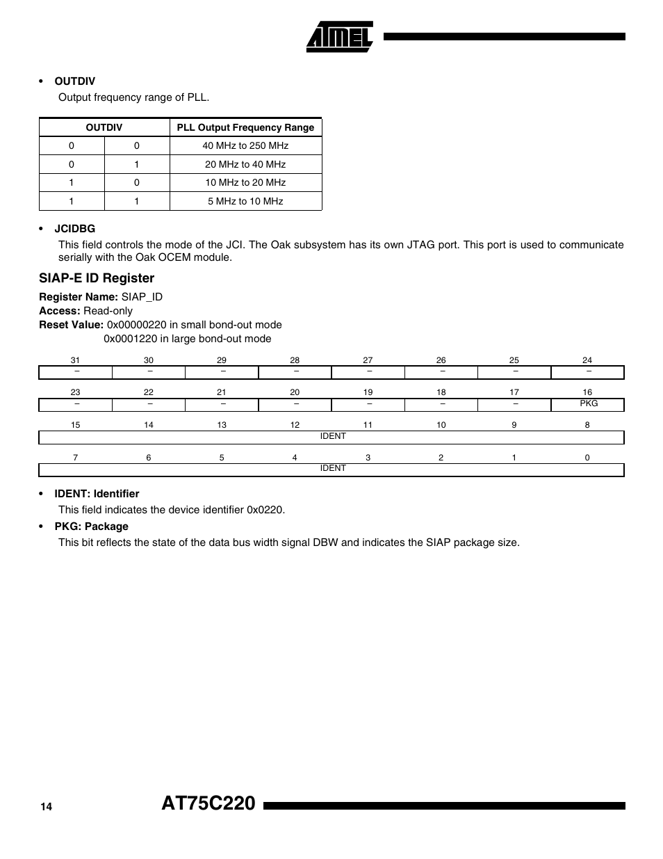 Siap-e id register | Rainbow Electronics AT75C220 User Manual | Page 14 / 144